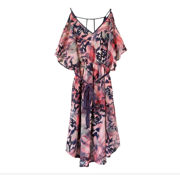 Women's The Pink Tulip Pink Blue Butterfly Print Cold Shoulder Midi Dress M - Picture 1 of 9